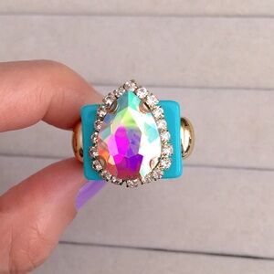 Neon Turquoise Blue + Aurora Borealis Gold Crystal Halo Pear Statement Ring